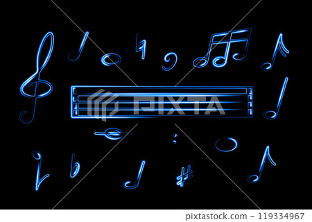 A collection of glowing blue musical notes and symbols surrounds a blank sheet music staff on a dark background, highlighting creativity 119334967
