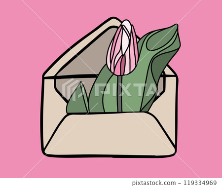 An envelope cradles a pink tulip with lush green leaves, creating a charming display of nature beauty 119334969