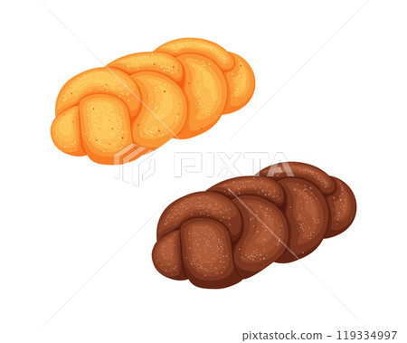Challah. The bread is braided. Sweet flour dessert. A sesame bun. The vector illustration is isolated on a white background. Challah. The bread is braided. Sweet flour dessert. A sesame bun. The vector illustration is isolated on a white background. 119334997