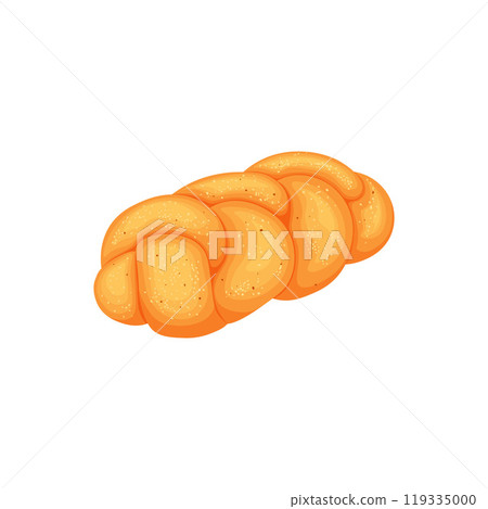 Challah. The bread is braided. Sweet flour dessert. A sesame bun. The vector illustration is isolated on a white background. 119335000
