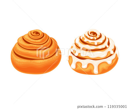 Cinnamon bun and cinnabon Sweet bun snail. Baking desserts. Sweet flour products. Cinnabon on a white background Cinnamon bun and cinnabon Sweet bun snail. Baking desserts. Sweet flour products. Cinnabon on a white background 119335001