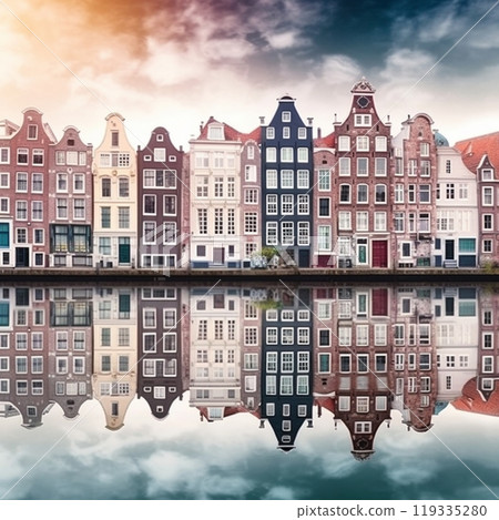 The canal neighborhood of Amsterdam, Netherlands, at sunset .  119335280