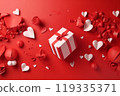 Gift boxes with ribbon bow isolated on red background.  119335371