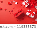 Gift boxes with ribbon bow isolated on red background.  119335373