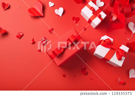 Gift boxes with ribbon bow isolated on red background. Gift boxes with ribbon bow isolated on red background. 119335373