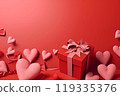 Gift boxes with ribbon bow isolated on red background.  119335376