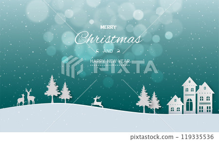 Merry Christmas and Happy new year background with falling snow on night village Merry Christmas and Happy new year background with falling snow on night village 119335536