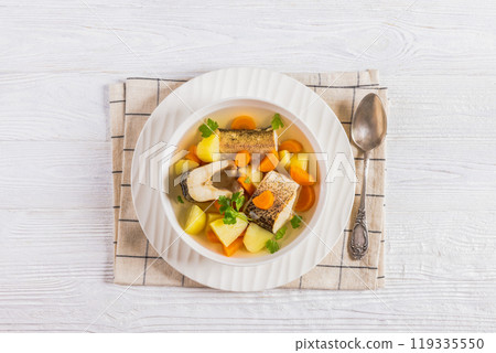 Clear Pike soup with veggies and spices, top view Clear Pike soup with veggies and spices, top view 119335550