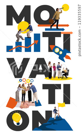 Teams working together to reach success. Leadership, innovative approach and collaboration guide way forward. Contemporary art collage. Vertical layout. Teams working together to reach success. Leadership, innovative approach and collaboration guide way forward. Contemporary art collage. Vertical layout. 119335597