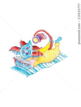 Character reading a book with a flashlight. Cheerful three-eyed monster of bright color with two pairs of ears and a long tail. Isolated watercolor halloween illustration Character reading a book with a flashlight. Cheerful three-eyed monster of bright color with two pairs of ears and a long tail. Isolated watercolor halloween illustration 119335777