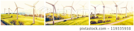 Wind power plant background. Eco friendly green energy, blades summer field landscape vector illustration 119335938