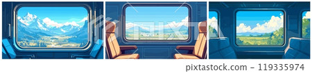 View from train window. modern carriage interior background, railway travel trip seat comfortable chairs mountains green meadow clear blue sky summer landscape vector illustration 119335974