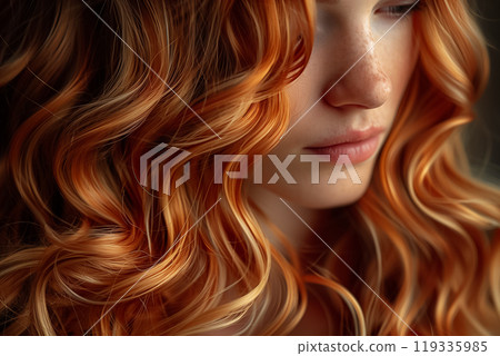 The portrait highlights a young woman with striking orange curls framing her face, creating an elegant and inviting appearance under soft lighting. 119335985