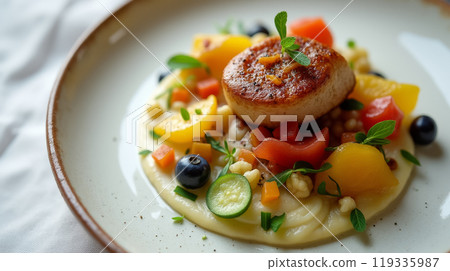 A beautifully presented dish showcases a seared scallop surrounded by vibrant vegetables and blueberries, creating an appealing culinary masterpiece. 119335987