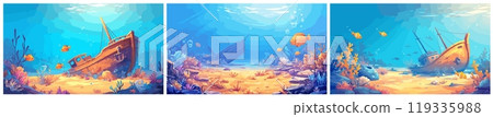 sunken ship cartoon background. boat on bottom of sea or ocean, shipwreck wreck corals fish sea sand bottom vector illustration sunken ship cartoon background. boat on bottom of sea or ocean, shipwreck wreck corals fish sea sand bottom vector illustration 119335988