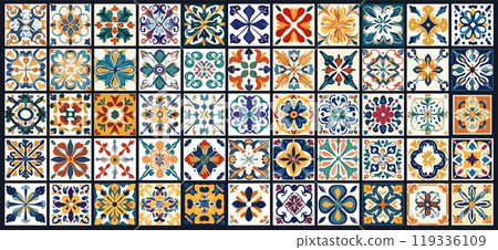 Mediterranean tile. Portugal ceramic mosaic pattern texture, geometric old spanish arabesque ornate, moroccan set vector illustration Mediterranean tile. Portugal ceramic mosaic pattern texture, geometric old spanish arabesque ornate, moroccan set vector illustration 119336109