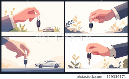 Hand holding keys. Flat car dealer or rental business concept, house apartment set vector illustration Hand holding keys. Flat car dealer or rental business concept, house apartment set vector illustration 119336171