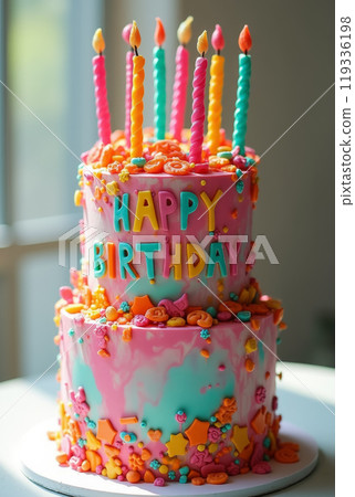 A beautifully decorated two-tier birthday cake features vibrant colors, playful designs, and candles on top, creating a festive atmosphere for celebration. A beautifully decorated two-tier birthday cake features vibrant colors, playful designs, and candles on top, creating a festive atmosphere for celebration. 119336198
