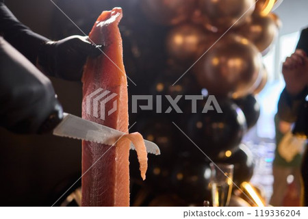 Masterful Artisan Cutting Techniques of Exquisite Fine Meat for Culinary Presentation Delights 119336204