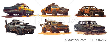 futuristic rusty cars. apocalypse old car with machine gun, zombie fantasy rust desert metal combat transport vector illustration 119336207