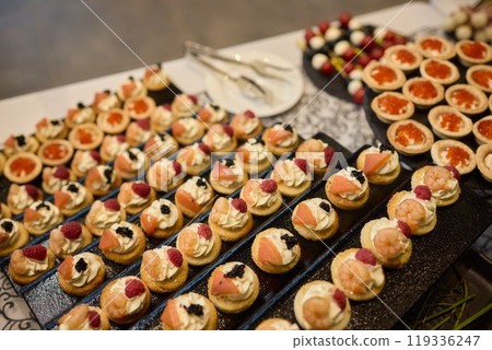 Elegant Canap Display at a Catering Event Elegant Canap Display at a Catering Event 119336247