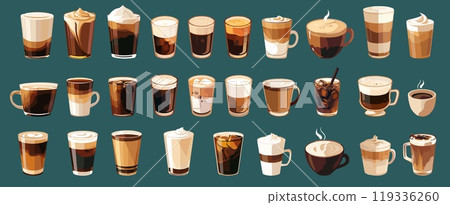 Coffee drinks. Flat hot drink types cappuccino latte espresso frappe glass cup, cafe menu set vector illustration 119336260