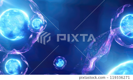 A vibrant depiction of floating blue spheres in a cosmic environment, resembling microscopic particles or cells in a glowing, ethereal space A vibrant depiction of floating blue spheres in a cosmic environment, resembling microscopic particles or cells in a glowing, ethereal space 119336271
