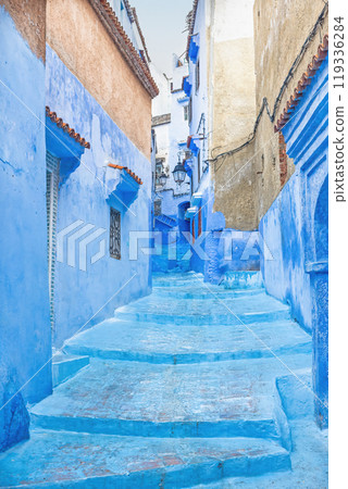Blue staircase in  the street in Chefchaouen.  Morocco. 119336284