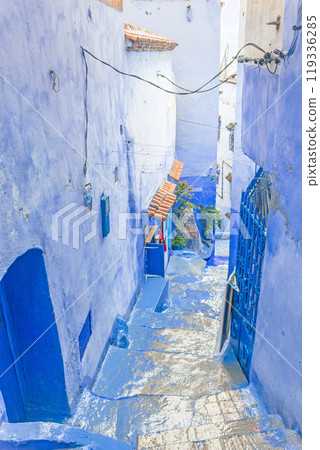 Empty blue street in a blue city of Chefchaouen.  Morocco. 119336285
