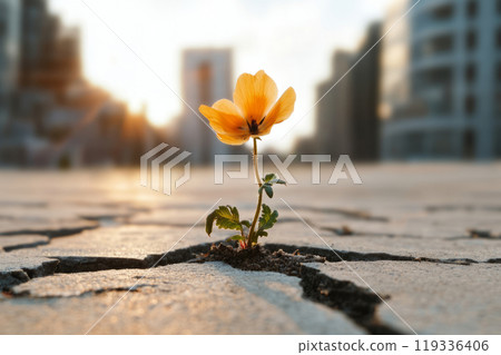 Flower growing through a crack in the pavement against an urban backdrop 119336406