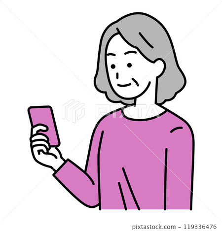 An elderly woman looking at the smartphone in her right hand An elderly woman looking at the smartphone in her right hand 119336476