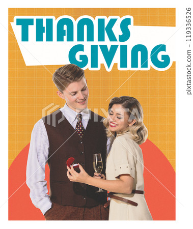 Contemporary art collage. Man looks on woman which reacts with joy in Thanksgiving proposal, holding box with ring. Retro style, pin-up. 119336526