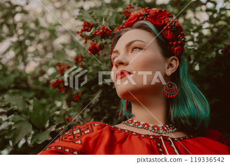 Charming Ukrainian Woman In Traditional Outfit, Wreath. Red viburnum tree. 119336542