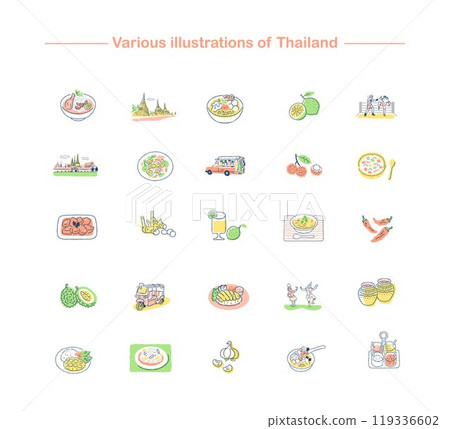 Set of various Thai foods and tourist spots 119336602