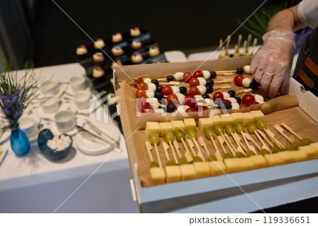 A Vibrantly Colorful Appetizer Platter Featuring Skewers and a Variety of Fresh Ingredients A Vibrantly Colorful Appetizer Platter Featuring Skewers and a Variety of Fresh Ingredients 119336651