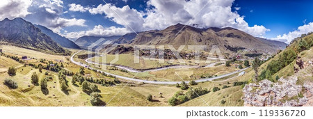 Drone view of Achkhoti, Georgia, nestled in the Caucasus mountains with scenic rural charm Drone view of Achkhoti, Georgia, nestled in the Caucasus mountains with scenic rural charm 119336720