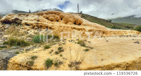 Travertine Mineral Springs at Cross Pass in the Georgian Caucasus, with unique rock formations Travertine Mineral Springs at Cross Pass in the Georgian Caucasus, with unique rock formations 119336726