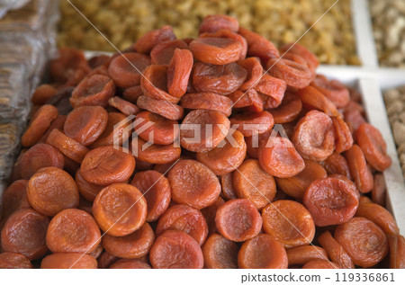 Dried apricots at a market in Uzbekistan 119336861