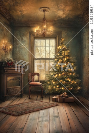 Cozy vintage christmas room with lit tree and antique decor Cozy vintage christmas room with lit tree and antique decor 119336984