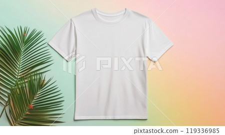 Minimalistic white t-shirt on pastel gradient background with palm leaf Minimalistic white t-shirt on pastel gradient background with palm leaf 119336985