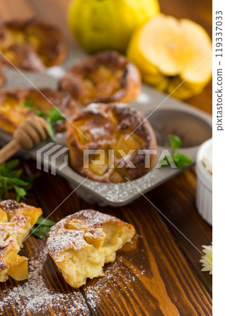 cooked cottage cheese muffins with quince and honey cooked cottage cheese muffins with quince and honey 119337033