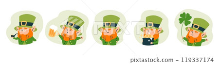 Cute leprechaun holding pot of gold coins, beer mug, clover leaf, tobacco pipe, lucky elf dwarf bearded gnome vector set 119337174