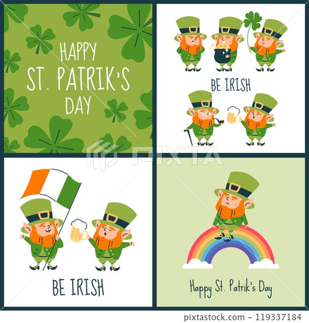 Set of St. Patrick's Day posters with leprechaun and clover. 119337184