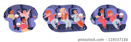 Vector illustration collection: boys and girls with popcorn and drinks watching a movie in the cinema 119337188
