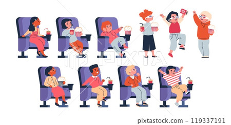Cute kids watching movie, girl and boys eating popcorn and drinking soda while sitting in the cinema flat vector set 119337191