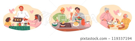Diverse family breakfast illustration set, flat style. Isolated background. 119337194