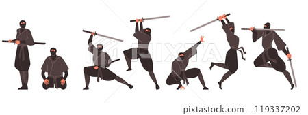 Ninja man warrior with sword in attack action vector set, Japanese fighter, ninjutsu martial art training practice poses 119337202