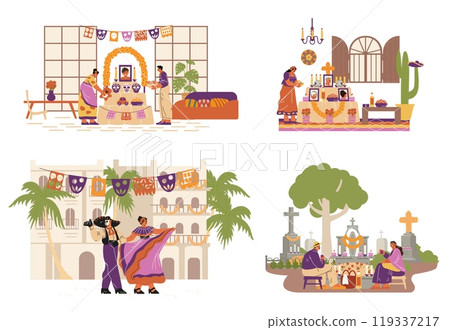 Vector set celebration of the day of the dead people in the city, cemetery, altar Vector set celebration of the day of the dead people in the city, cemetery, altar 119337217