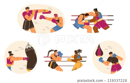 Vector set of illustrations with male and female boxers in individual training and sparring 119337228