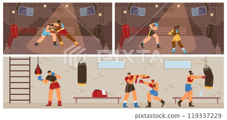 Collection vector illustrations boxing scenes of with female and male boxers practicing boxing punche 119337229